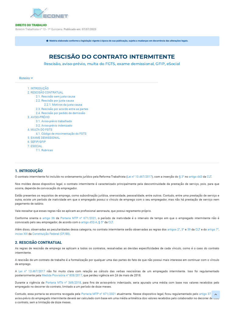 Direito Do Trabalho - Rescisão Do Contrato Intermitente - Rescisão ...