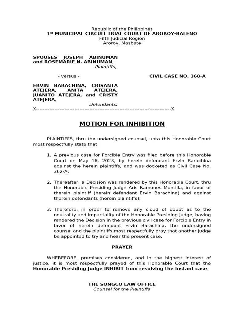 Motion For Inhibition Rosemarie Abinuman | PDF