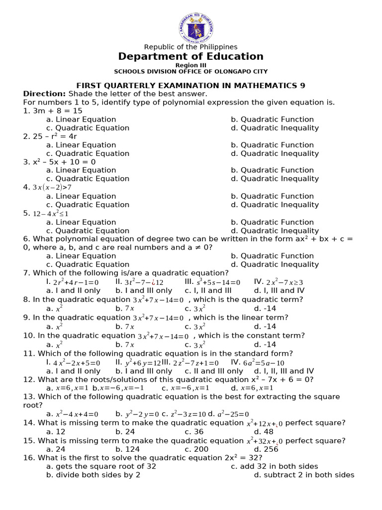 1stQ-G9-Math-slight-revision (AutoRecovered) | PDF | Quadratic Equation ...