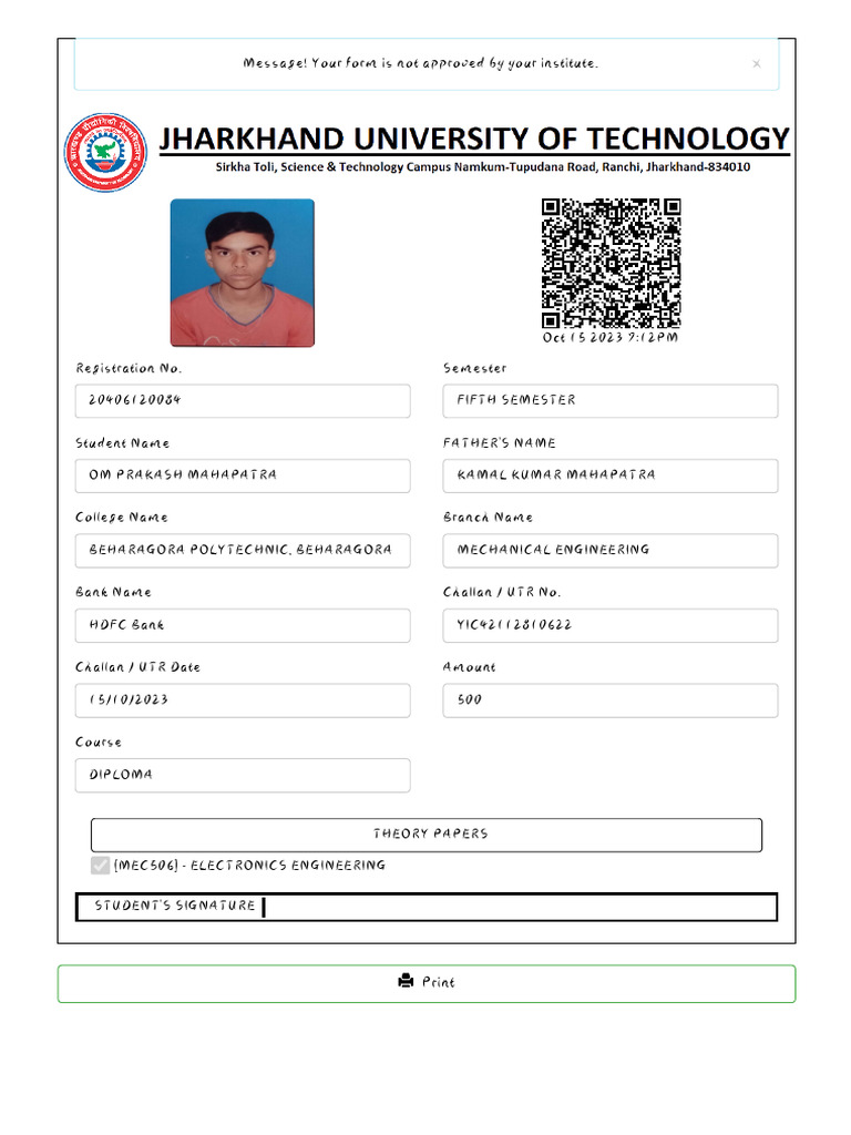 Your Form Is Not Approved by Your Institute.: Message! | PDF