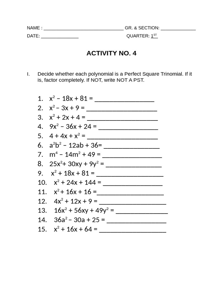 Perfect Square Trinomials & Factoring | PDF | Teaching Methods ...