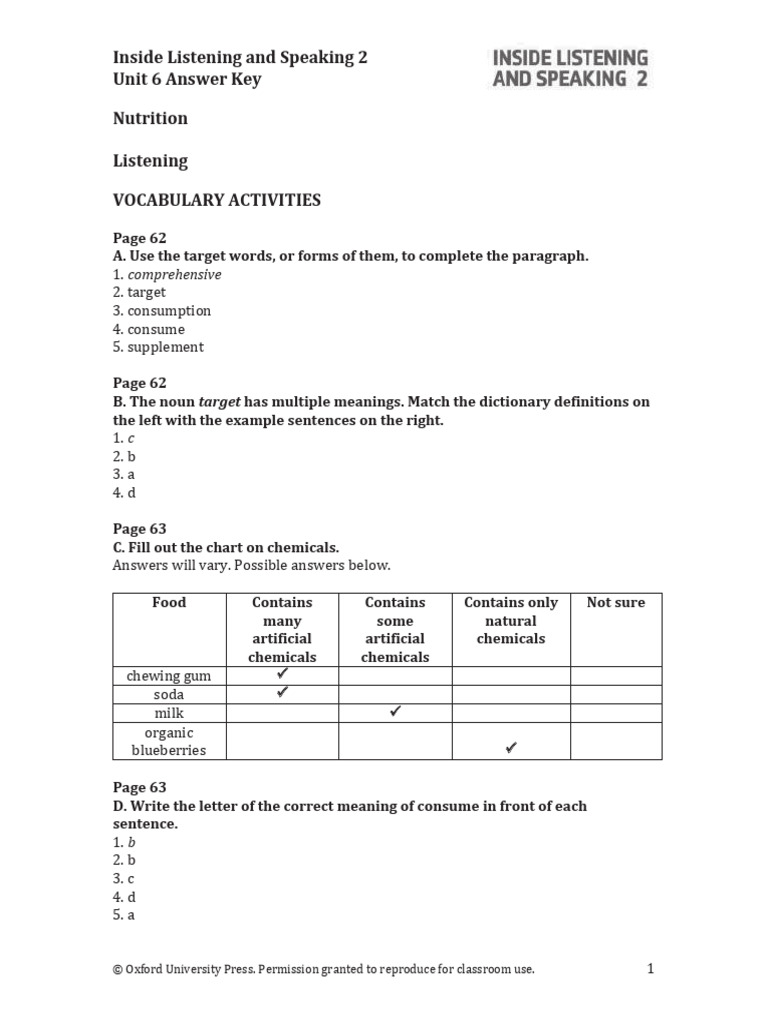 Inside Listening and Speaking 2 Unit 6 Answer Key Nutrition Listening ...