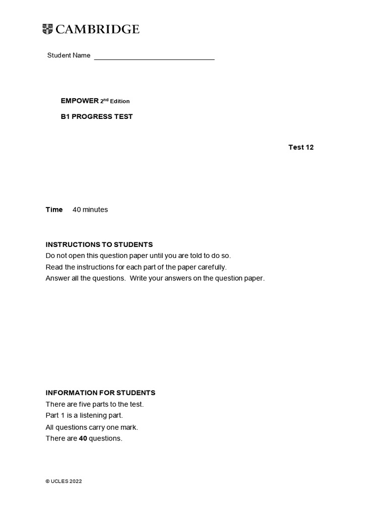 Empower Second Edition B1 Unit Progress Test 12 - Version A | PDF