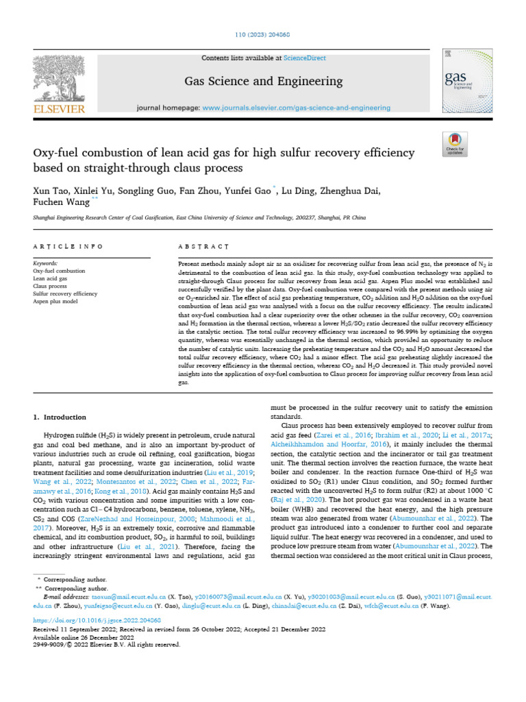 Oxy-Fuel Combustion of Lean Acid Gas For High Sulfur Recovery ...