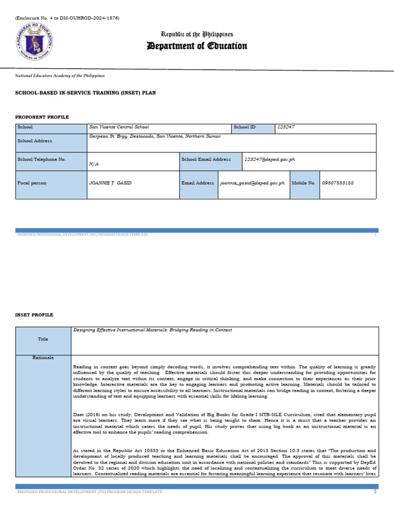 INSET Plan for San Vicente Central School | PDF | Learning | Career ...
