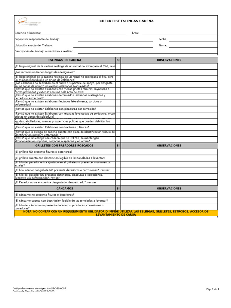 An-CK-GSS-0009 Check List Eslingas Cadenas | PDF