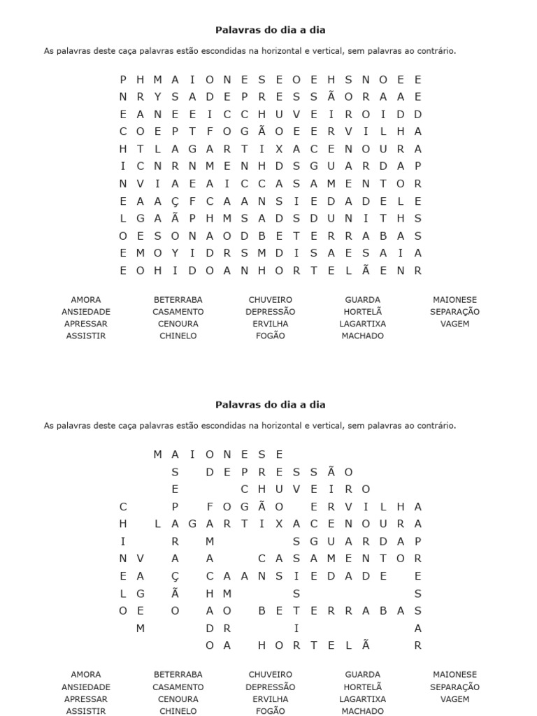 Palavras Do Dia A Dia - Imprimir Caça Palavras | PDF