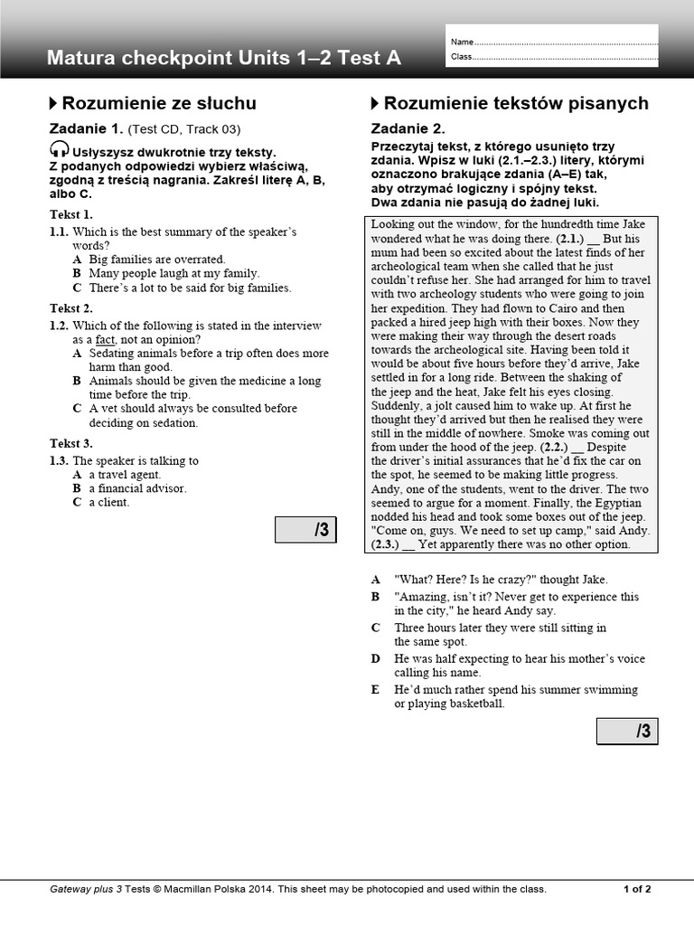 Matura Checkpoint Units 1-2 Test A | PDF