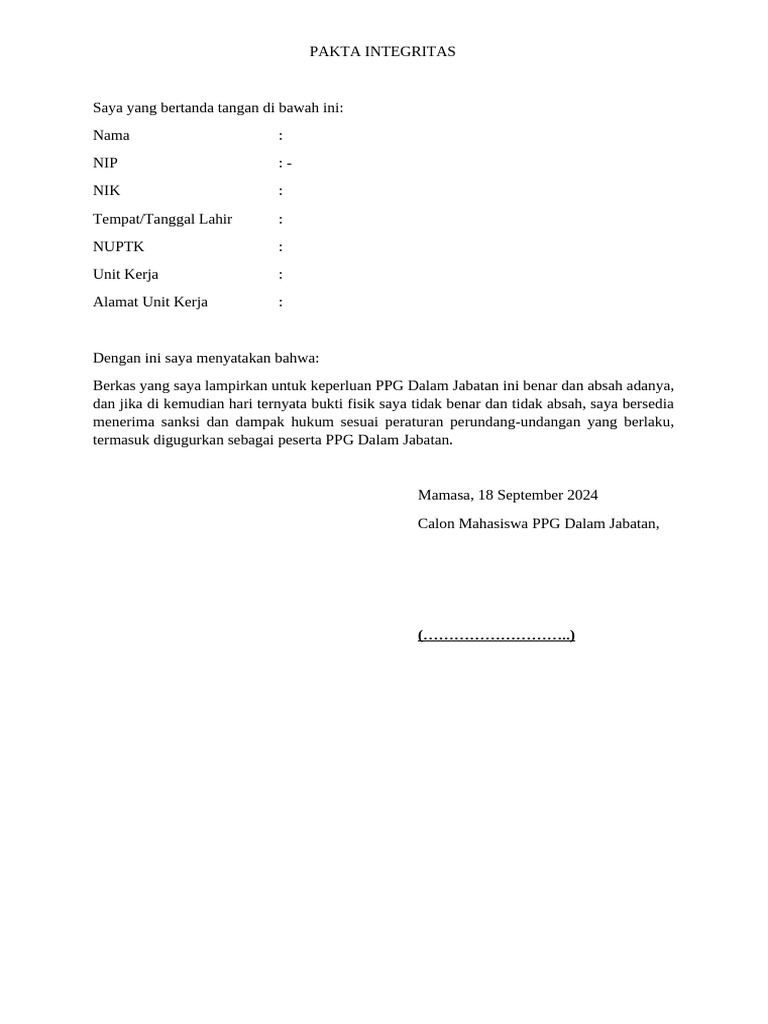 Template Pakta Integritas 2023 | PDF