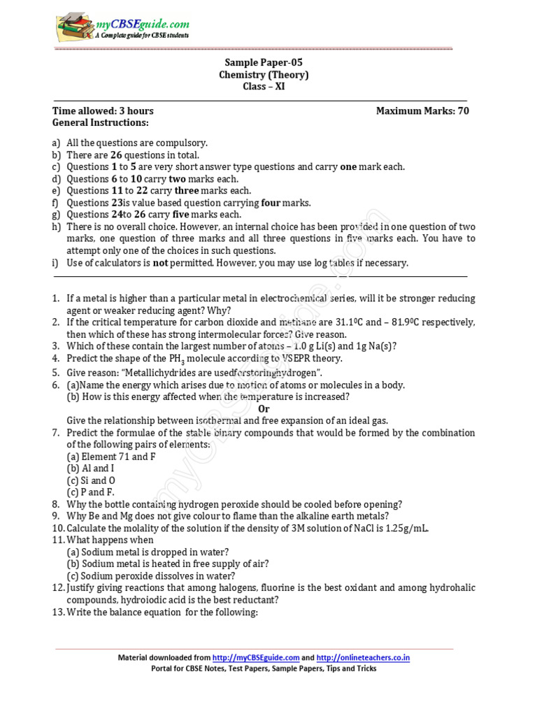 2017 11 Sample Paper Chemistry 05 QP | PDF