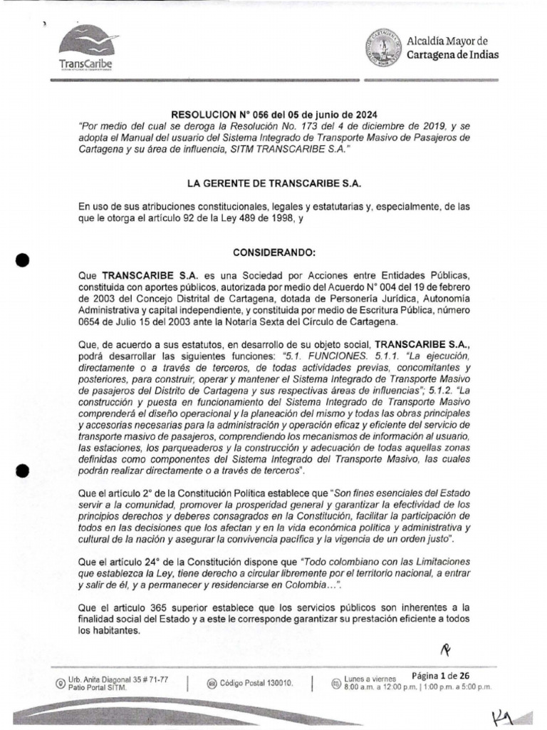 RESOLUCION Nro. 056 DEL 05 DE JUNIO DE 2024 - 0001 | PDF | Transporte ...