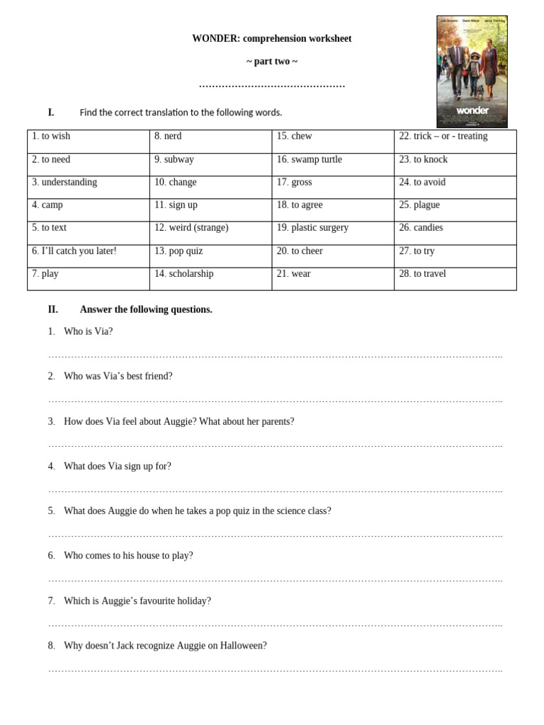Wonder PDF Comprehension Worksheet 2 | PDF