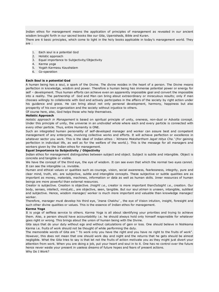 Indian Ethos For Management Means The Application of Principles of ...