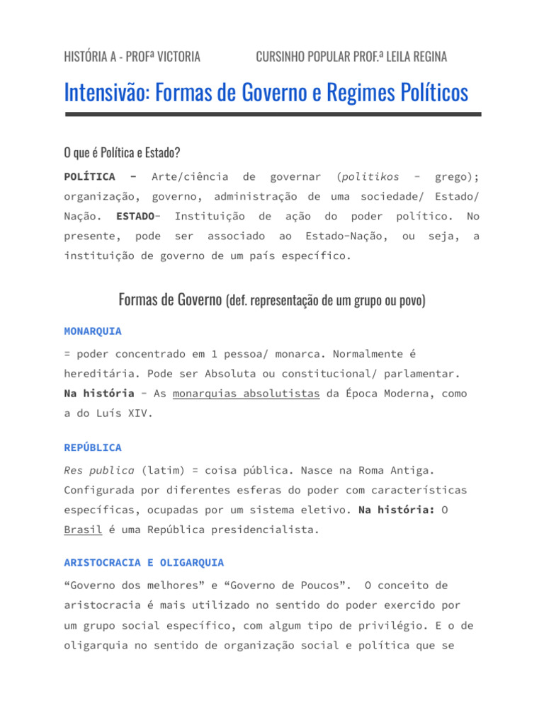 Resumo. Formas de Governo e Regimes Políticos | PDF