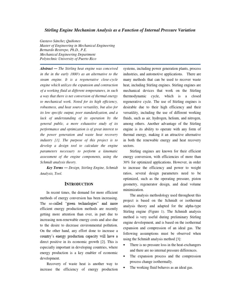 Stirling Engine Mechanism Analysis As A Function of Internal Pressure ...