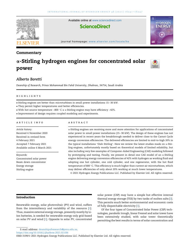 Alpha Stirling Hydrogen Engines For Concentrated Solar Power | PDF ...