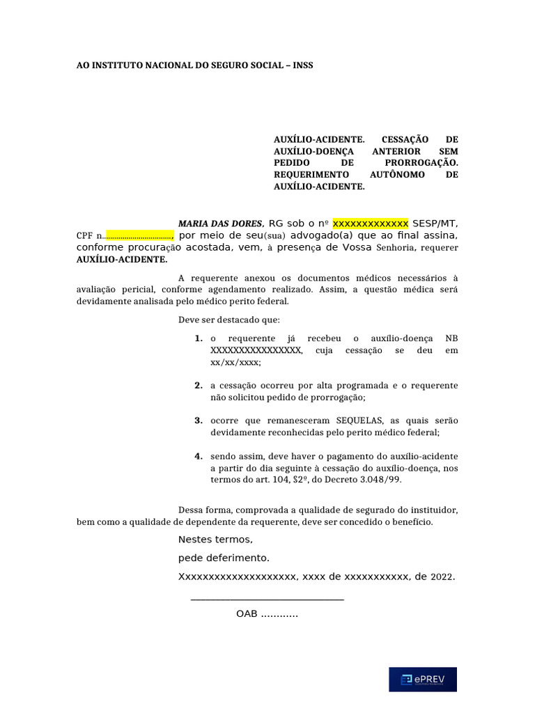 004 - 69 Requerimento - Ao - INSS - Auxilio - Acidente | PDF