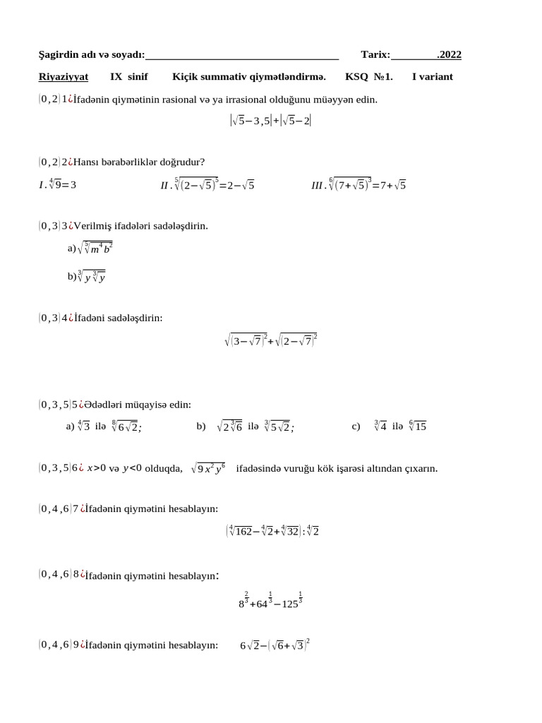 9cu Sinif Ksq 1 1ci Variant Pdf