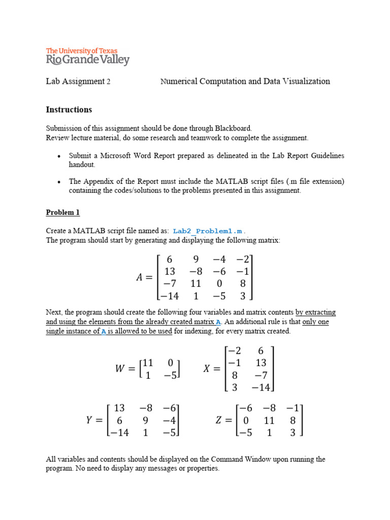 MATLAB Lab Assignment 2 Guide | PDF | Matrix (Mathematics) | Matlab