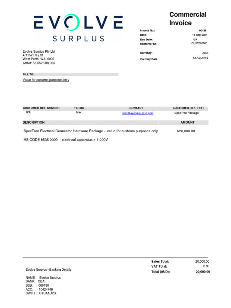 Evolve Invoice 00000488 - SpecTron Container - Customs Use Only | PDF