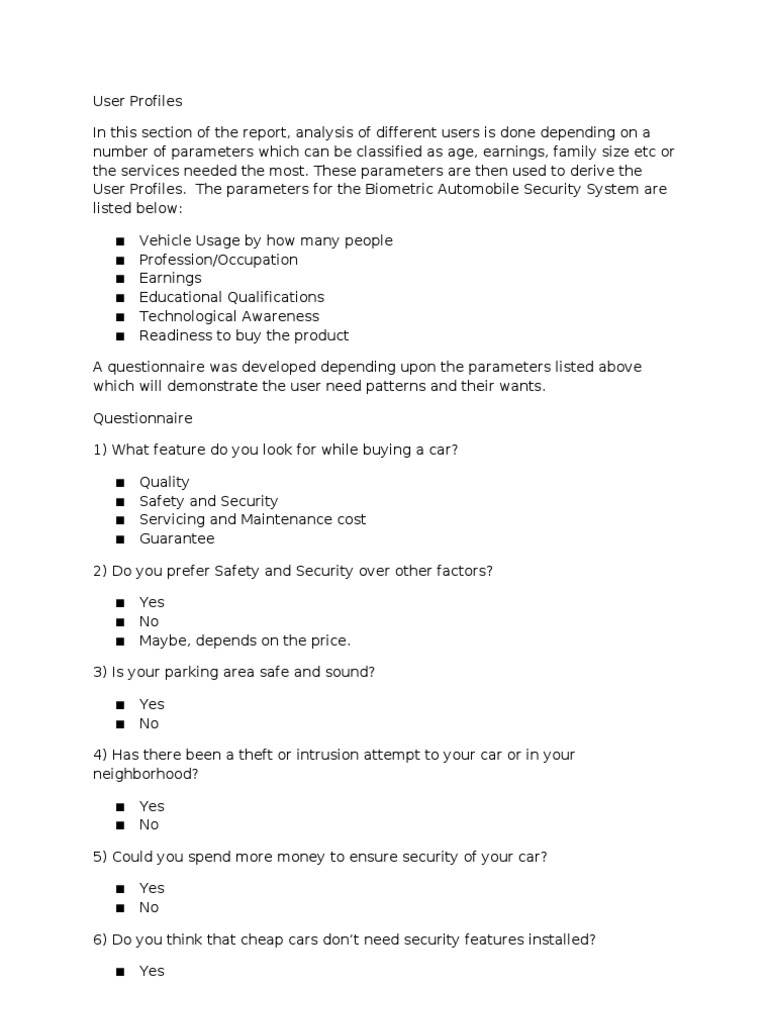 Questionnaire Biometrics Car