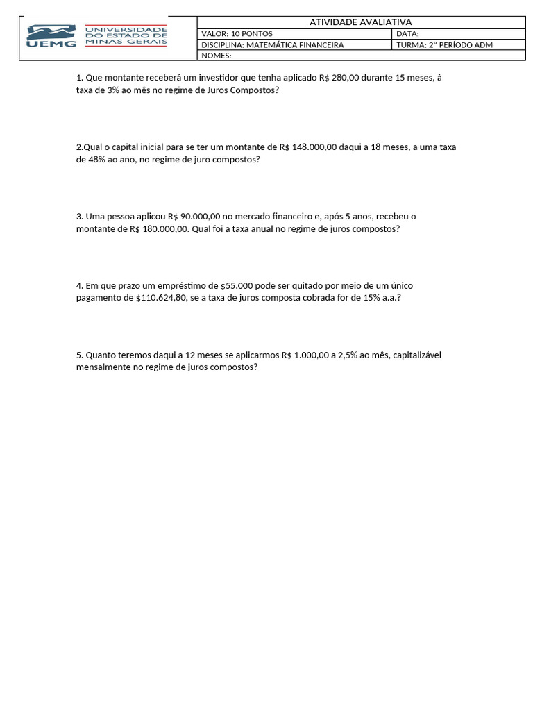 Atividade avaliativa hp 12c pdf