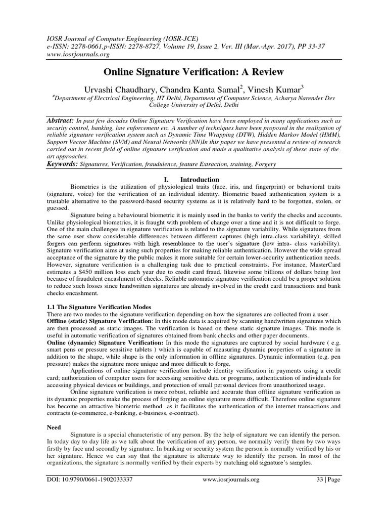 Online Signature Verification - A Review - Chaudhary | PDF
