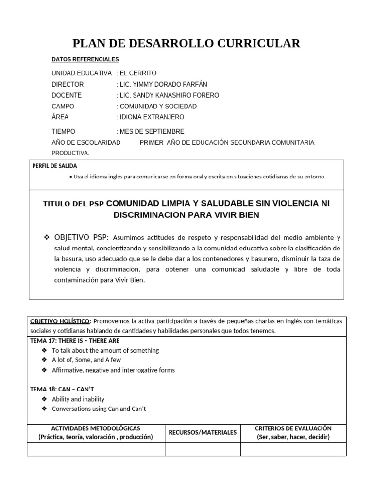 Plan de Desarrollo Curricular Ingles Septiembre Octubre Sandy | PDF