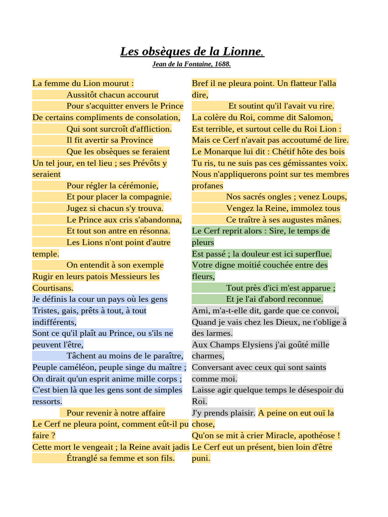 Les Obsèques de La Lionne, La Fontaine | PDF