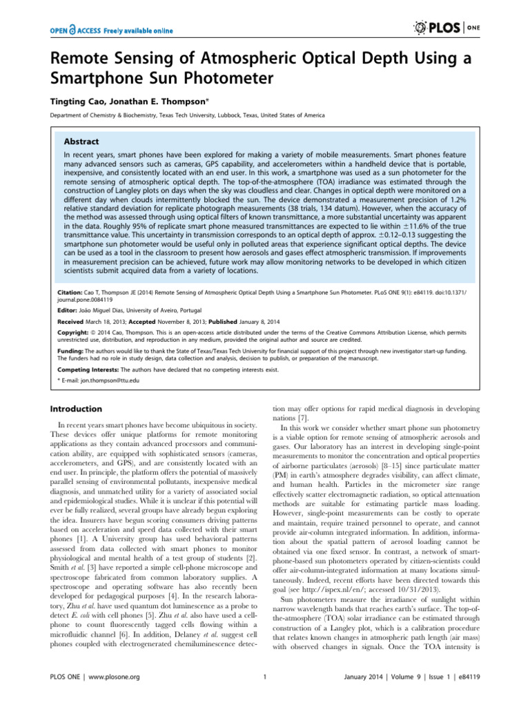 Remote Sensing of Atmospheric Optical Depth Using A Smartphone Sun ...