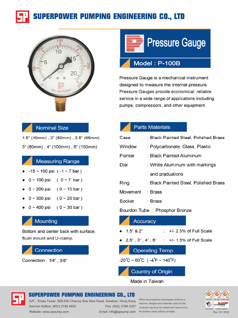 SP Pro Pressure Gauge Catalogue Rev 03-2016 | PDF