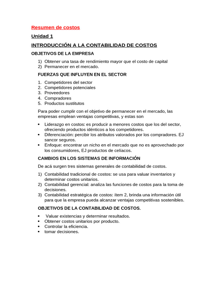 Resumen de Costos | PDF