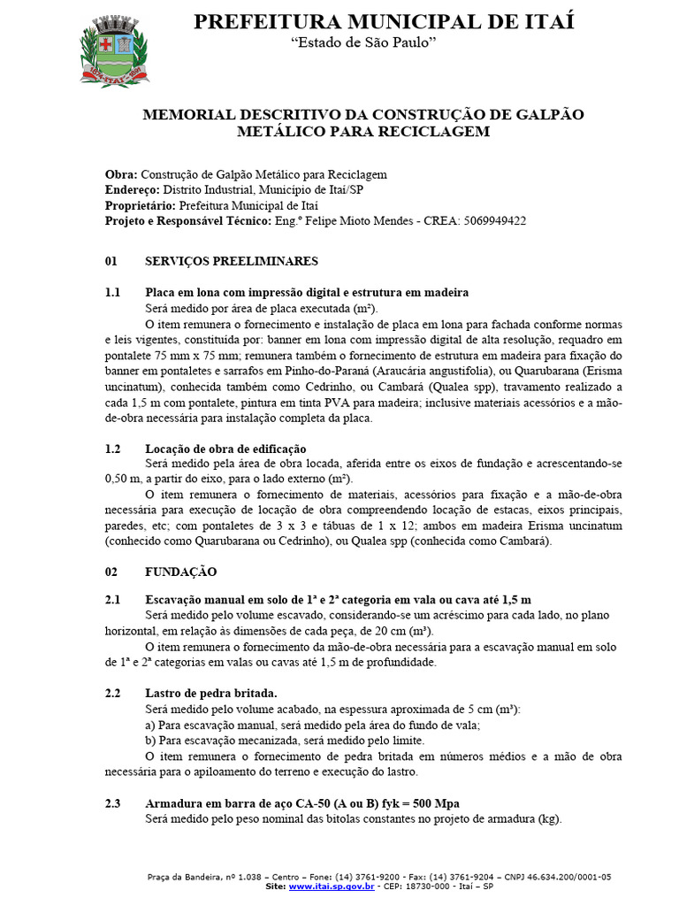 Memorial Descritivo - Construção de Galpão Metálico | PDF