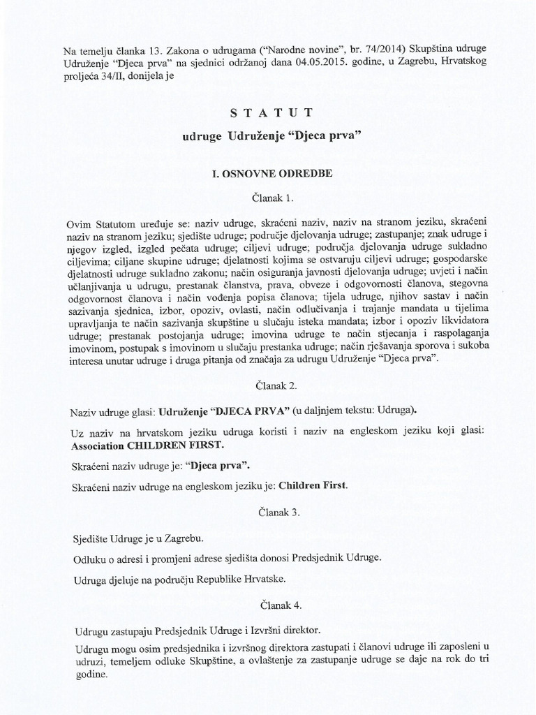 Statut Udruženje DJECA PRVA | PDF