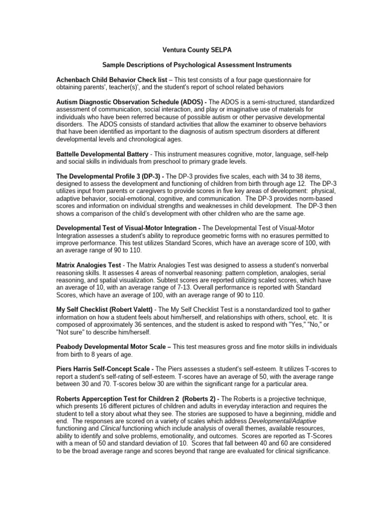 Sample Descriptions of Psychological Assessments | PDF