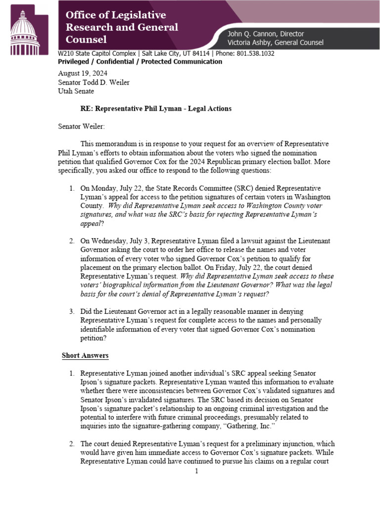 Office of Legislative Research and General Council Letter To Sen ...