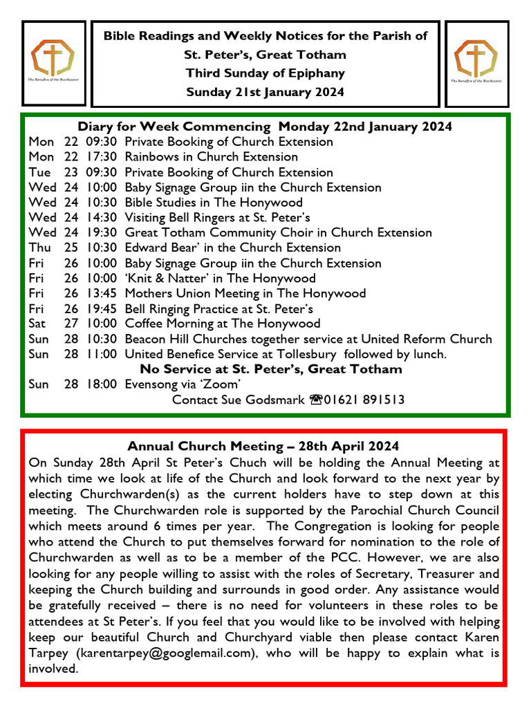 Bible Readings Weekly Notices - 2024-01-21 Issue 2024-01-18 | PDF ...