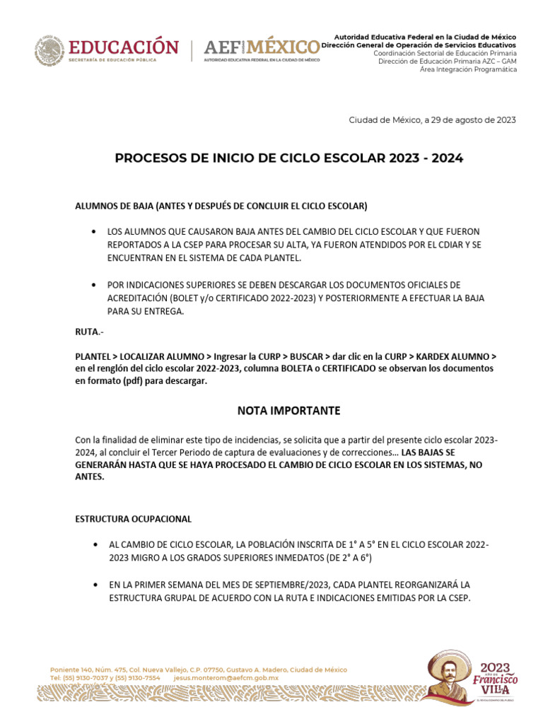 Indicaciones de Los Procesos de Inicio de Ciclo Escolar 2023 - 2024 | PDF