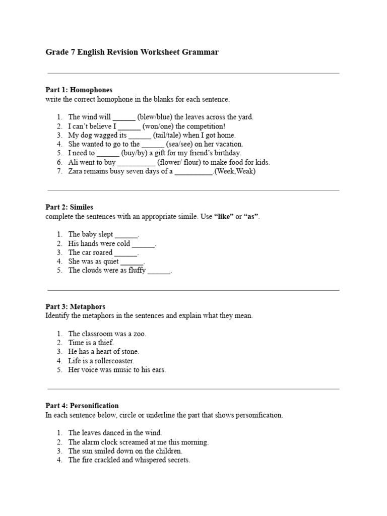 Grade 7 English Revision Worksheet Grammar | PDF