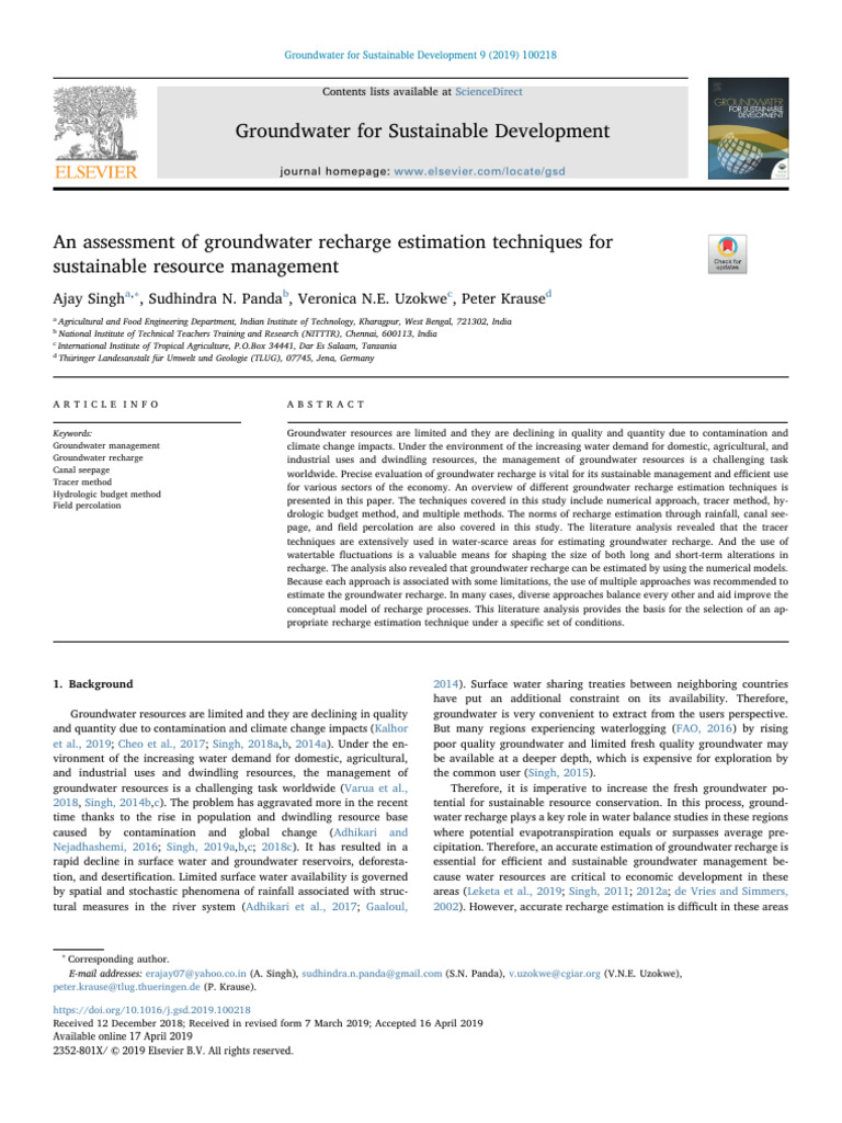 An Assessment of Groundwater Recharge Estimation Techniques For | PDF