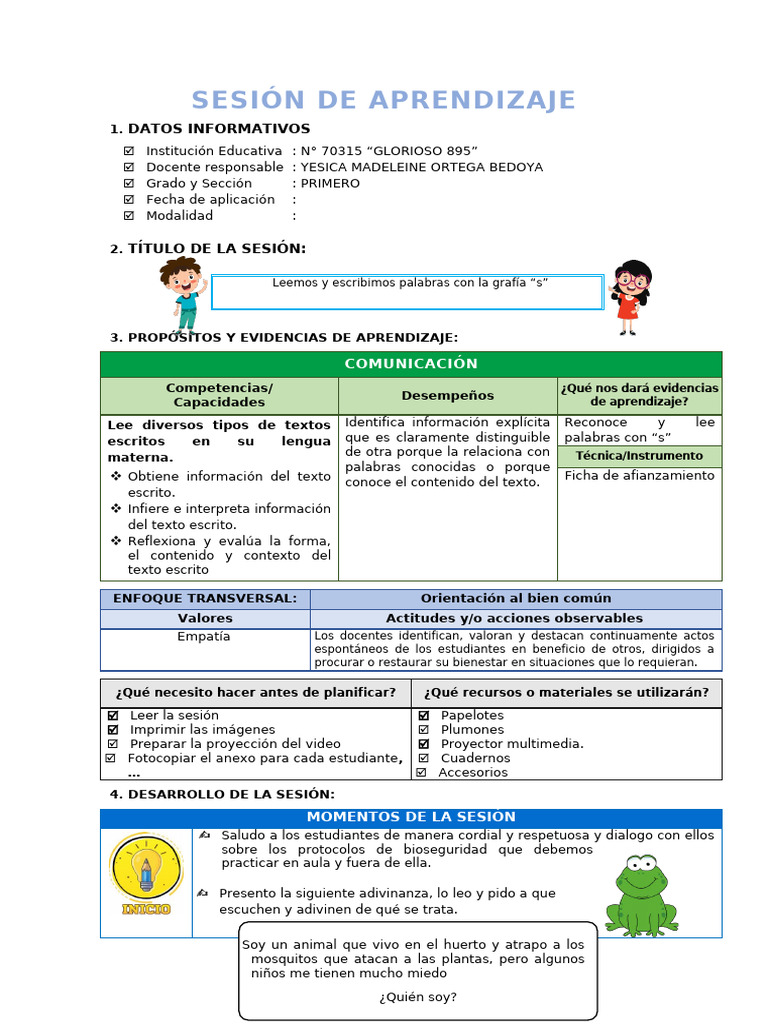 SESIÓN DE APRENDIZAJE - Leemos y Escribimos Palabras Con La Grafía "S ...