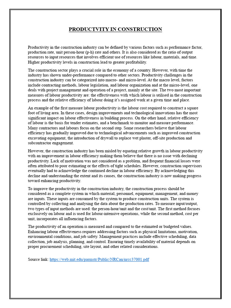Productivity In Construction Pdf