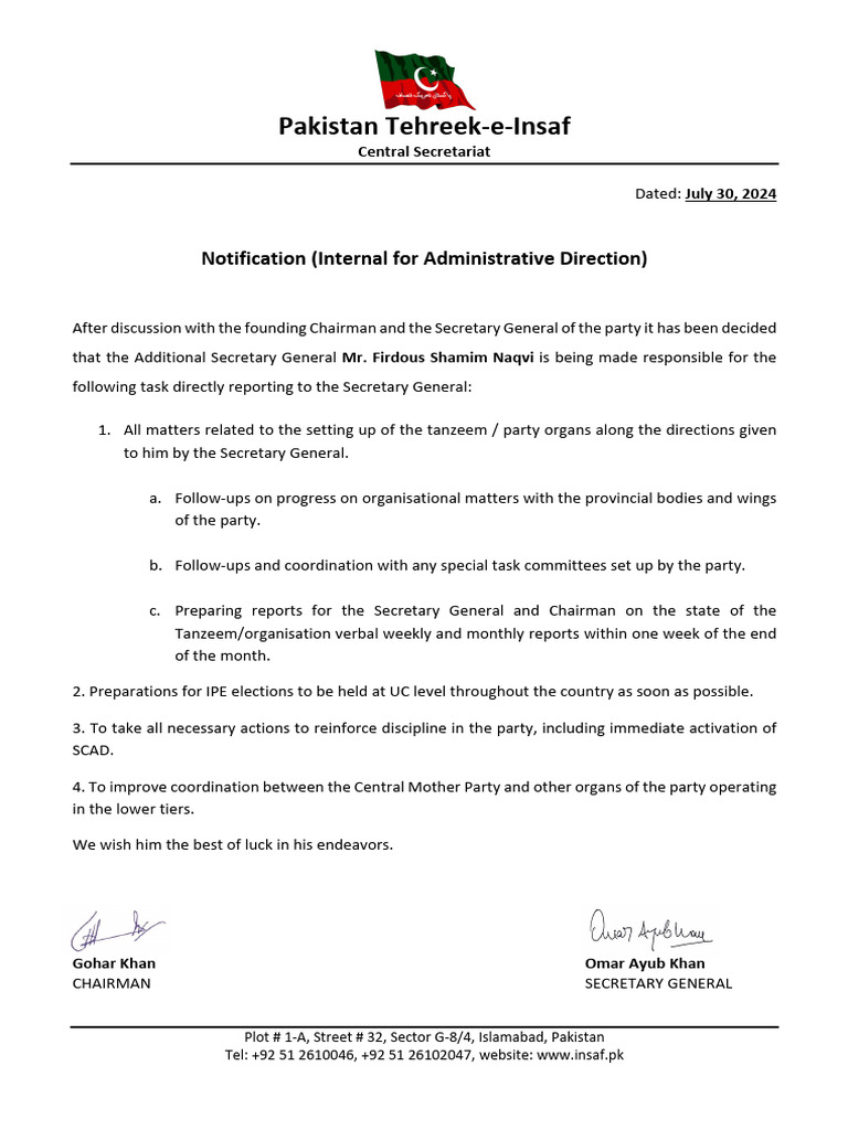 PTI Internal Task Assignment Notice | PDF