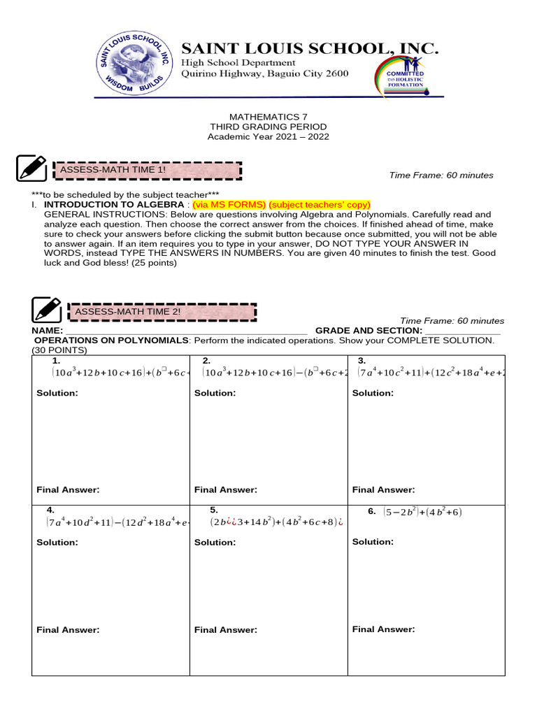 3RD GRADING ASSESSMATH TIME - Updated 1 | PDF