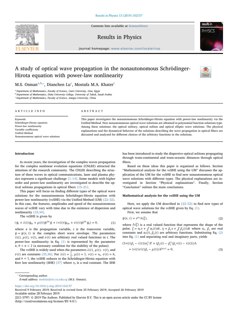 A study of optical wave propagation in the nonautonomous schr 2019