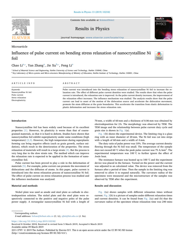Influence of Pulse Current On Bending Stress Relaxation of - 2019 ...