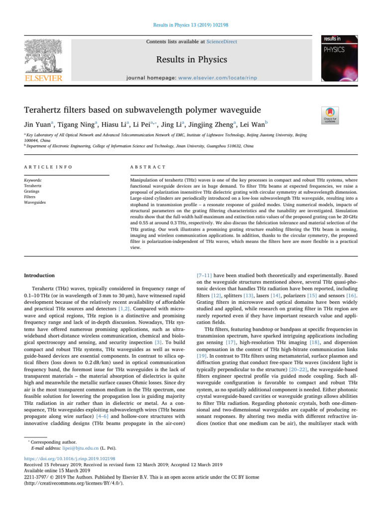 Terahertz Filters Based On Subwavelength Polymer Waveg - 2019 - Results ...