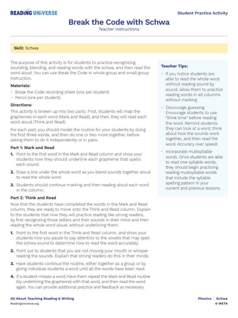 Break The Code Schwa Reading Universe | PDF