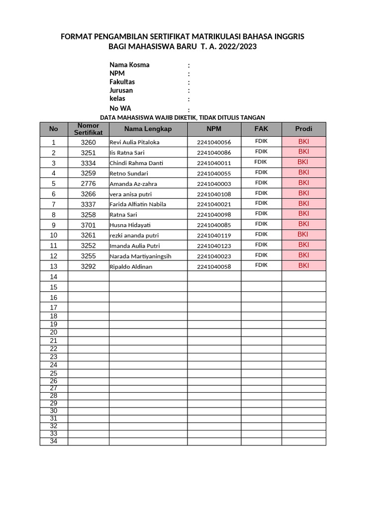 FORMAT Pengambilan Sertifikat Matrikulasi 1 1 2 1 1 1 | PDF