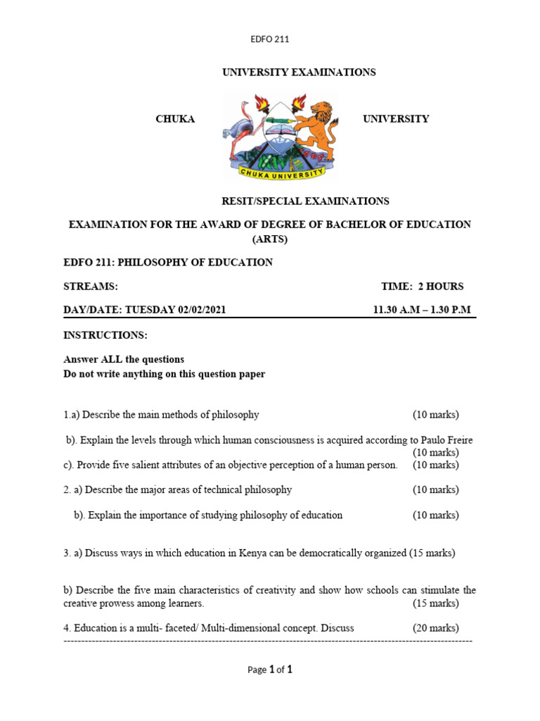 EDFO 211: Philosophy of Education Exam | PDF